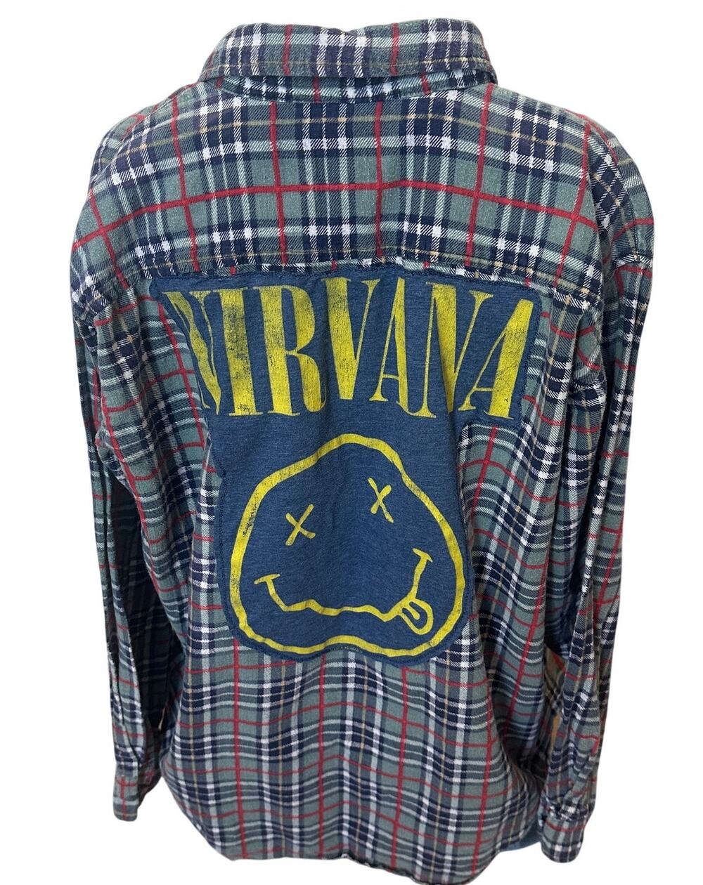 Nirvana Plaid Flannel Shirt Shacket XL Oversized One of a Kind Grunge Upcycled